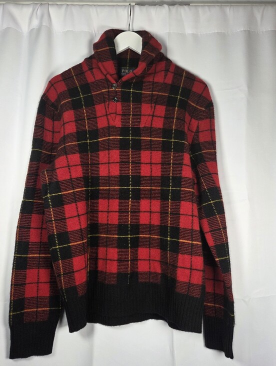 Polo Ralph Lauren Other - Polo Ralph Lauren Men’s M Red Black Plaid Lambs Wool Shawl Collar Sweater